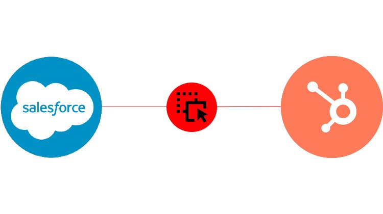 A visual representation of Salesforce and HubSpot integration, showing data or workflow connectivity between the two CRM platforms. It is suitable for articles about CRM integration, sales automation, marketing automation, customer data synchronization, and business software connectivity.
