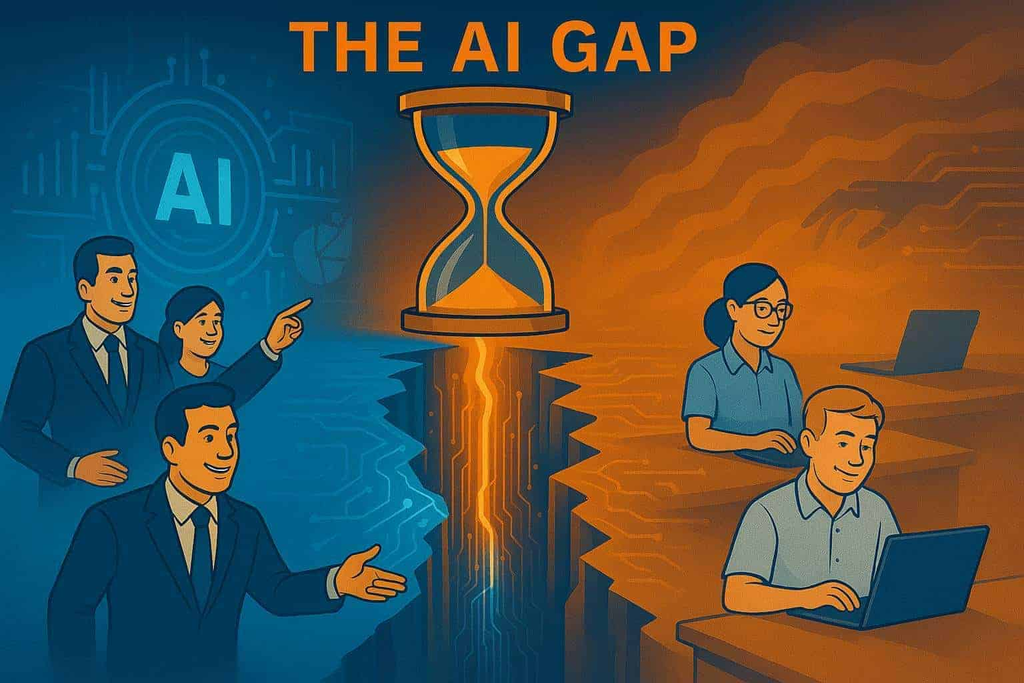 This image visually represents the AI gap between businesses and workers with different levels of AI adoption, skills, and access to technology. It highlights the importance of AI training, digital skills, and workforce readiness to help organizations bridge this growing divide.