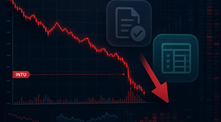 This image illustrates the decline in Intuit (INTU) stock and highlights investor concerns about AI disruption and changing financial technology markets. It visually represents the potential risks and challenges AI may create for Intuit’s future growth.