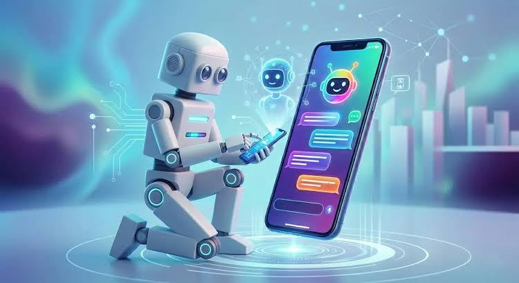 This image illustrates an AI-powered chatbot interacting with a smartphone to represent artificial intelligence, automated communication, virtual assistants, and modern customer support technology. It visually supports content about AI chatbots, conversational AI, and digital transformation.
