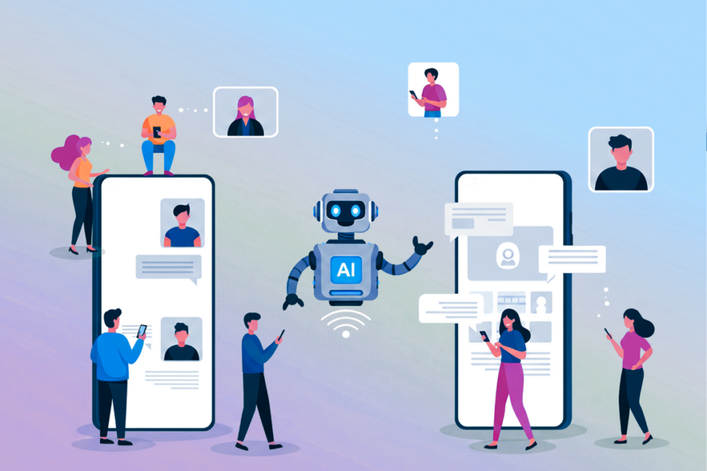 Illustration of an AI chatbot connecting users on mobile devices through messaging, profiles, and virtual communication.