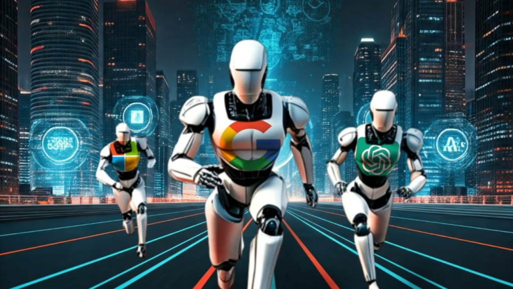 Three humanoid AI robots running through a futuristic city with glowing technology icons in the background