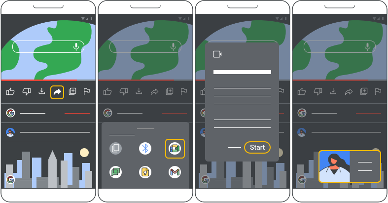 This image shows four screenshots demonstrating the process of sharing content from a chat app. The steps highlight the Share button, selecting an app, starting the share, and viewing the shared preview.