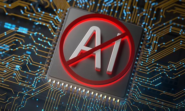 This image represents restrictions or limitations on AI technology with a prohibition symbol over an AI chip. It highlights concerns about AI regulation, security, ethics, and responsible use of artificial intelligence.