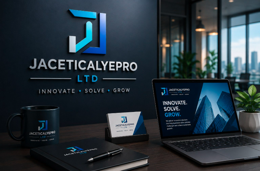 A modern corporate branding setup featuring the Jaceticalyepro Ltd logo on a dark wall, along with a branded laptop, notebook, business card, and coffee mug in a professional office environment.
