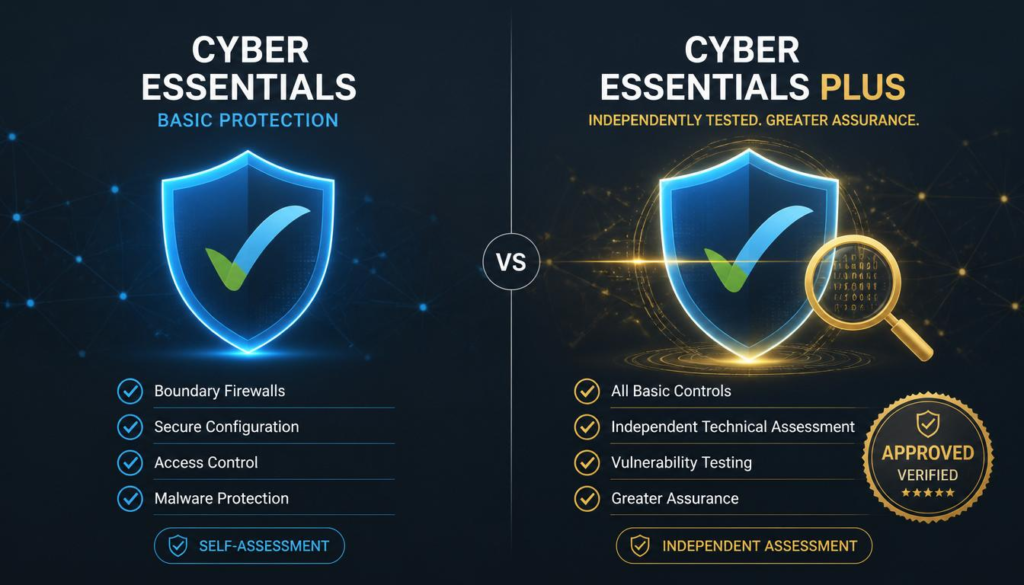 This image visually compares Cyber Essentials vs Cyber Essentials Plus, highlighting the basic security controls of Cyber Essentials and the independent technical testing, vulnerability assessment, and greater assurance provided by Cyber Essentials Plus.