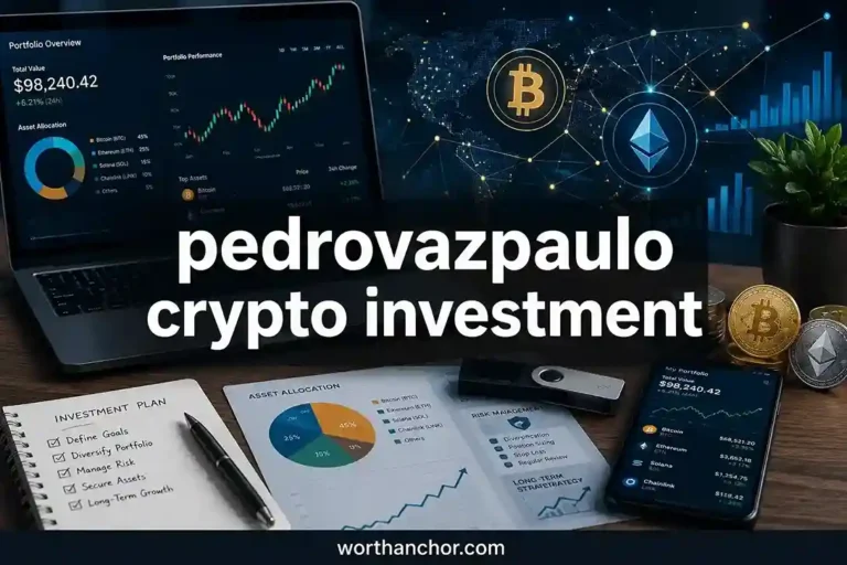 This image visually represents PedroVazPaulo Crypto Investment, highlighting AI-assisted cryptocurrency research, portfolio analysis, asset allocation, Bitcoin and Ethereum, and investment risk management.