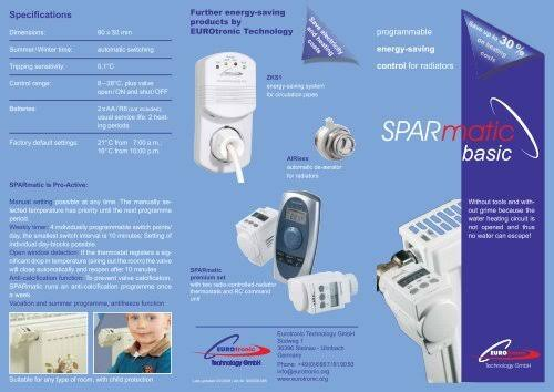 This image is a product brochure/advertisement for SPARmatic basic, an energy-saving programmable heating control system. It presents the device’s specifications, features, energy-saving benefits, installation options, and product images. Its main purpose is to promote the heating-control product and explain how it can automatically regulate heating to reduce energy consumption and costs.