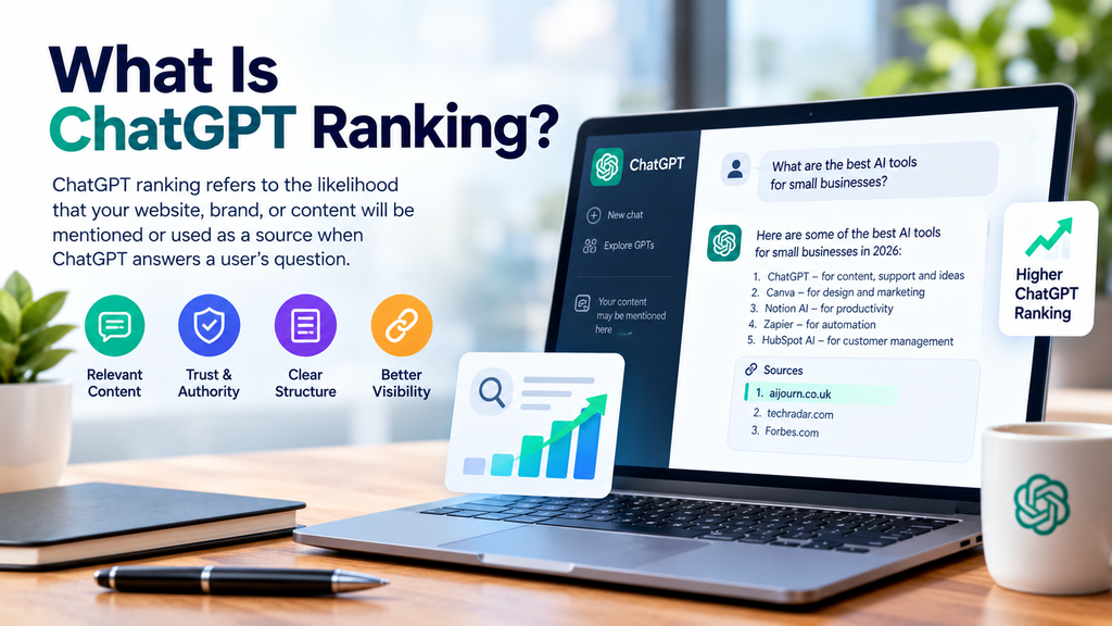 This infographic explains ChatGPT Ranking—how websites, brands, and content can be mentioned or used as sources in ChatGPT responses. It highlights key factors such as relevant content, trust and authority, clear structure, and better online visibility, making it useful for articles about AI SEO, GEO (Generative Engine Optimization), ChatGPT visibility, and digital marketing.