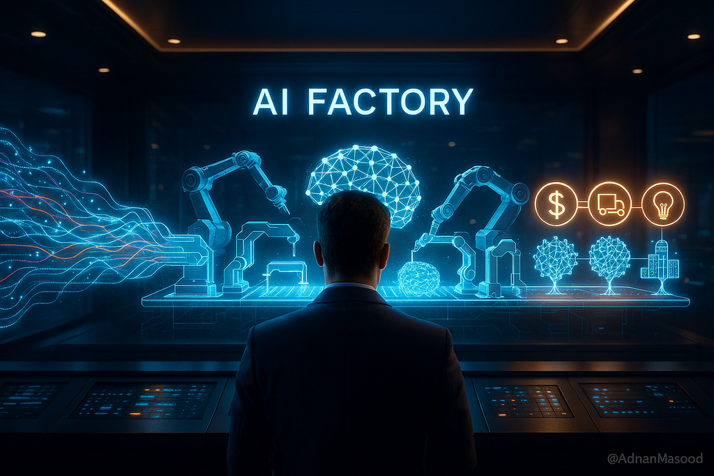 The purpose of this image is to illustrate the concept of an AI Factory, where artificial intelligence, robotics, automation, data, and computing technologies work together to produce intelligent solutions.