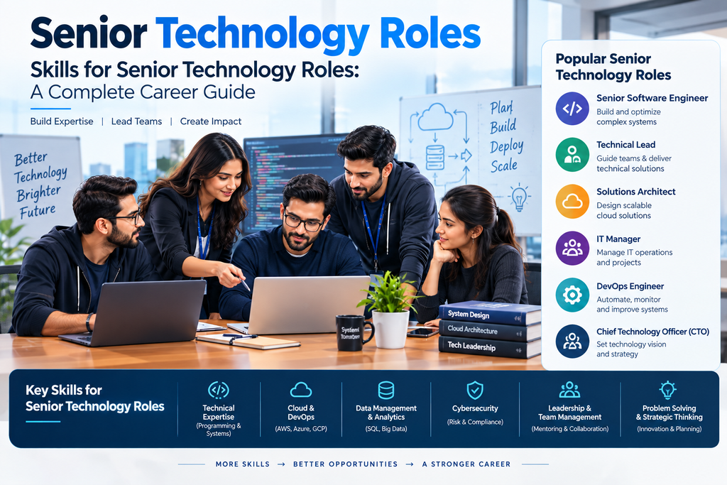 A professional visual illustrating the key skills, career paths, and leadership capabilities required for senior technology roles, highlighting technical expertise, cloud and DevOps, data management, cybersecurity, team leadership, and strategic problem-solving.