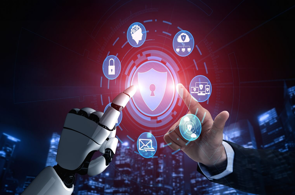This image represents AI-powered cybersecurity and digital protection. It shows human and robotic technology working together to protect digital systems, data, and networks from cyber threats. The central shield symbolizes security, privacy, and threat prevention, while the surrounding icons represent encryption, cloud security, network protection, and secure communication.