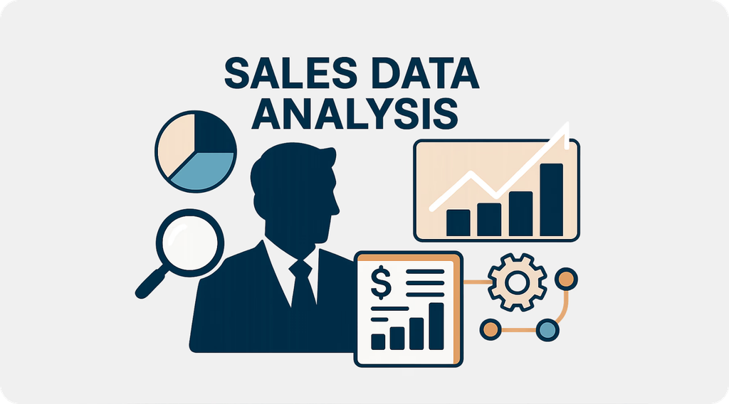 This image represents Sales Data Analysis and focuses on using data to evaluate and improve sales performance. It illustrates the analysis of sales trends, revenue, growth, customer insights, and performance metrics to support better business decisions.