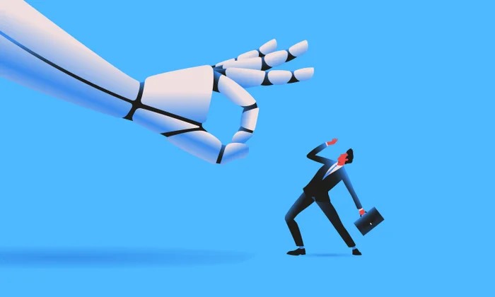 This image represents Artificial Intelligence (AI) and Automation in the Workplace. It shows a robotic hand interacting with a business professional, symbolizing how AI and advanced technology are transforming business processes, improving productivity, and supporting human decision-making.