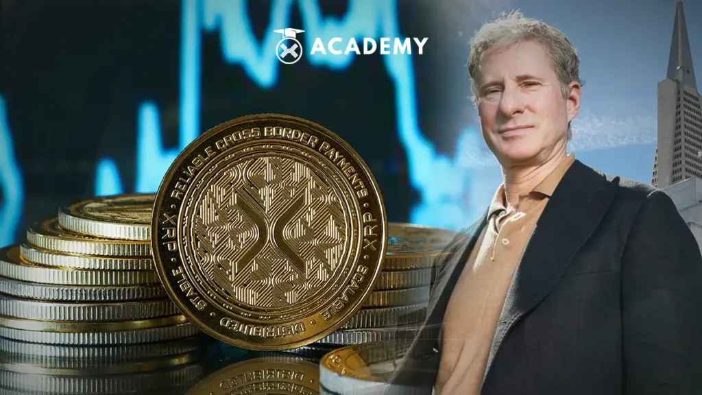 This image is designed for content about cryptocurrency, XRP, digital assets, and blockchain finance. It combines a large XRP coin, stacks of cryptocurrency coins, a financial market chart, and a business professional to visually represent crypto investment, XRP market analysis, cryptocurrency trading, or digital finance.