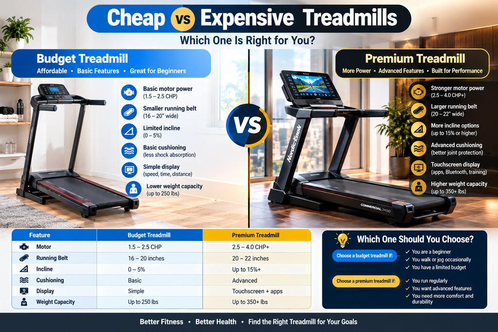 This infographic compares cheap and expensive treadmills, highlighting their differences in motor power, running belt size, incline settings, cushioning, display features, and weight capacity. Its purpose is to help buyers understand which treadmill offers the best value according to their budget, fitness goals, and workout requirements.